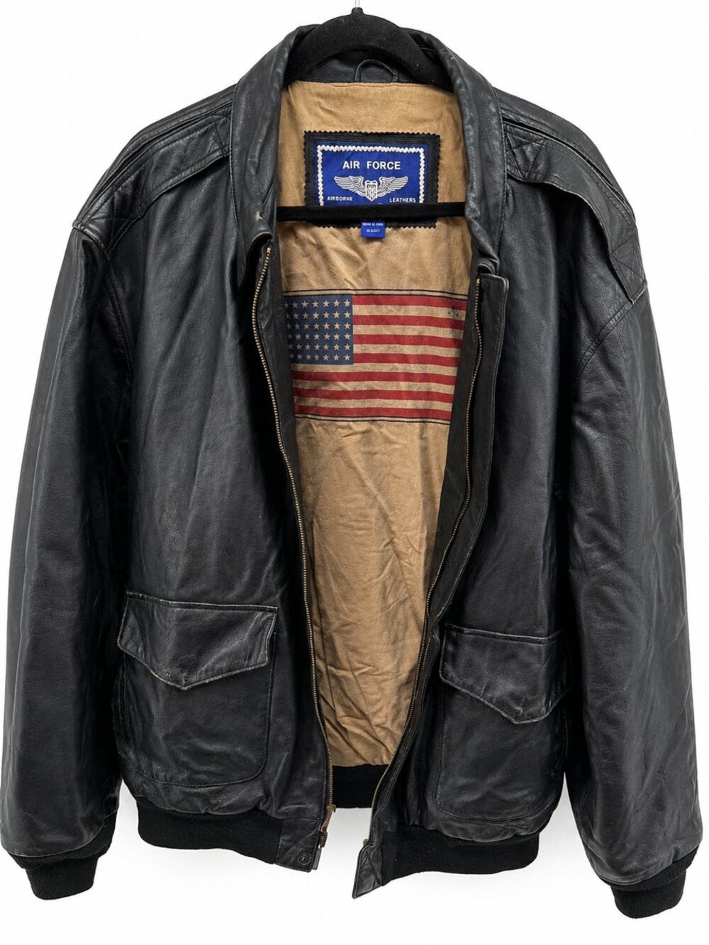 Air Force A2 Leather Bomber Flight Jacket American Flag Military Aviator XL READ